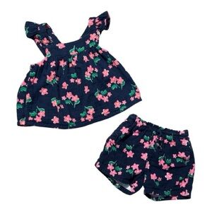 Navy Blue/Pink Floral Ruffle Sleeve Top and Matching Shorts Set by Old Navy, 3T